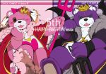  2013 anthro belly blush crown cute_fangs duo horn humanoid_hands mammal one_eye_closed overweight pink_body purple_body shirokumaou sitting text ursid wings wink 