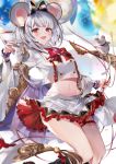  1girl :d animal animal_ears balloon bow bowtie collared_shirt crop_top crop_top_overhang fake_animal_ears granblue_fantasy hairband heart highres hinahino holding kneehighs looking_at_viewer midriff miniskirt navel open_mouth pleated_skirt rat rat_ears red_eyes shirt short_hair silver_hair skirt smile solo thighs vikala_(granblue_fantasy) white_shirt white_skirt wide_sleeves 
