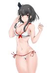  1girl alternate_costume bikini black_hair blush breasts closed_mouth eyebrows_visible_through_hair hair_between_eyes hair_ornament headgear highres kantai_collection large_breasts nn_tasu red_eyes short_hair simple_background string_bikini swimsuit white_background yamashiro_(kantai_collection) 