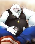  2009 anthro blush bottomwear clothing fur humanoid_hands japanese_text male mammal overweight overweight_male pants polar_bear shirokumaou shirt sitting solo text topwear ursid ursine white_body white_fur 