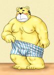  2006 anthro belly blush bulge clothing felid humanoid_hands kondo_musashi male mammal moobs musabo3neo nipples overweight overweight_male pantherine solo tiger underwear 