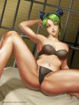  1girl braid breasts double_bun eyelashes green_eyes green_hair green_lips green_lipstick iron_bars jojo_no_kimyou_na_bouken kuujou_jolyne lingerie lips lipstick looking_at_viewer lying makeup medium_breasts multicolored_hair navel_piercing nextoad on_back piercing short_hair smile solo spread_legs star stone_ocean two-tone_hair underwear wristband 