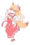  1girl alternate_costume animal_ears bow bowtie brown_hair commentary extra_ears eyebrows_visible_through_hair ezo_red_fox_(kemono_friends) fox_ears fox_girl fox_shadow_puppet fox_tail full_body hair_bow hair_tie hakama japanese_clothes kemono_friends kemono_friends_3 kimono long_hair miko mitsumoto_jouji multicolored_hair orange_eyes orange_hair ponytail red_bow red_hakama red_ribbon ribbon sandals solo standing standing_on_one_leg symbol_commentary tail white_hair 