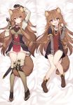  1girl :d animal_ear_fluff animal_ears arm_up bed_sheet between_legs boots breasts brown_footwear brown_gloves brown_hair byulzzimon collar dakimakura dress full_body gloves hair_ornament hand_up highres long_hair long_sleeves looking_at_viewer lying medium_breasts multiple_views on_back open_mouth raccoon_ears raccoon_girl raccoon_tail raphtalia red_eyes red_neckwear sheath smile strap tail tail_between_legs tate_no_yuusha_no_nariagari thigh_boots thighhighs thighs very_long_hair watermark zettai_ryouiki 