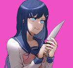  1girl blue_eyes blue_hair bow collarbone commentary_request danganronpa danganronpa_1 hair_between_eyes hair_ornament hairclip highres holding holding_knife knife long_hair long_sleeves maizono_sayaka open_mouth pink_background pink_bow school_uniform serafuku simple_background solo tears zabe_o 