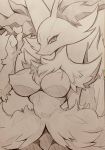  anthro braixen breasts canid canine curemitsuba female fur hi_res inner_ear_fluff kemono looking_at_viewer mammal monochrome naturally_censored nintendo nipple_tuft pok&eacute;mon pok&eacute;mon_(species) sketch smile solo traditional_media_(artwork) tuft twirling_fur video_games 