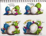  2002 3_fingers 3_toes belly big_belly bob_(bubble_bobble) bub bubble_bobble bubble_dragon dinosaur duo english_text feral fingers hyper hyper_belly nick_bondra reptile scalie sequence simple_background size_difference swallowing taito text toes traditional_media_(artwork) vore white_background 