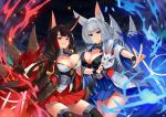  2girls absurdres aircraft aircraft_carrier airplane akagi_(azur_lane) animal_ears azur_lane black_gloves black_kimono black_legwear blue_eyes blue_skirt breast_press breasts brown_hair cleavage cleavage_cutout cloud cloudy_sky cowboy_shot fire fox_ears fox_girl fox_mask fox_shadow_puppet fox_tail gloves grin hakama_skirt highres holding holding_mask japanese_clothes kaga_(azur_lane) kimono kitsune large_breasts leaning_back leaning_forward long_hair looking_at_viewer mask military military_vehicle mk_(lazymk) multiple_girls multiple_tails outdoors pleated_skirt red_eyes red_skirt ship short_hair silver_hair skirt sky slit_pupils smile symmetrical_docking tail thighhighs thighs very_long_hair warship watercraft white_kimono wide_sleeves 