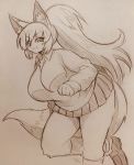  anthro bottomwear breasts canid canine chest_tuft clothed clothing curemitsuba female footwear fox fur hair hi_res kemono legwear looking_at_viewer mammal monochrome ponytail running school_uniform shoes sketch skirt smile socks solo sweater topwear traditional_media_(artwork) tuft uniform 