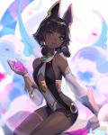  1girl bare_shoulders black_hair breasts dark_skin dragalia_lost egyptian_clothes hair_tubes highres holding holding_sword holding_weapon kneeling looking_away nefaria short_hair small_breasts smile solo sword viorie weapon 