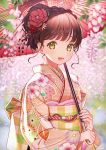  1girl :d bangs blurry blurry_background blush braid brown_eyes checkered commentary_request day depth_of_field eyebrows_visible_through_hair floral_print flower hair_flower hair_ornament highres holding holding_umbrella japanese_clothes kimono long_sleeves obi oli open_mouth oriental_umbrella original outdoors petals pink_kimono print_kimono red_flower red_hair sash short_hair short_ponytail smile solo tareme umbrella upper_body wisteria 