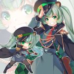  1girl :d aiguillette animal_ears animare bear_ears belt black_coat boots chibi dress epaulettes glint green_eyes green_hair grin hat highres hinokuma_ran jacket_on_shoulders katana kokka_han long_hair long_sleeves looking_at_viewer multicolored_hair multiple_views necktie open_mouth pantyhose peaked_cap salute sheath sheathed short_necktie smile streaked_hair sword twintails v-shaped_eyebrows virtual_youtuber weapon wing_collar zoom_layer 