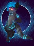  anthro bioluminescence black_body black_fur blue_hair desolatespace fur glowing hair male mammal marsupial nanachi_tail nude phalangeriform purple_eyes solo tuft 