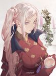  1girl alternate_hairstyle artist_name breasts candle cape commentary cup dress edelgard_von_hresvelg english_commentary fire_emblem fire_emblem:_three_houses gloves holding holding_cup kanapy large_breasts lips long_hair looking_at_viewer ponytail purple_eyes red_cape red_dress red_gloves side_ponytail solo teacup white_hair 