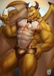  2019 5_fingers abs anthro biceps biped clothing dragon fingers horn humanoid_hands membrane_(anatomy) membranous_wings multicolored_body multicolored_scales muscular_thighs ophion orange_eyes pecs pendant raytig12 scales scalie simple_background speedo spikes suspenders swimwear tokyo_afterschool_summoners two_tone_body two_tone_scales video_games white_body white_scales wings yellow_body yellow_scales 