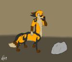  2016 4_fingers ambiguous_gender brown_background brown_body brown_fur brown_nose canid canid_taur canine canine_taur claws digitigrade dipstick_tail eyebrows fingers fluffy fluffy_tail fox fox_taur full-length_portrait fur gloves_(marking) grey_body grey_fur hand_on_chin leg_markings mammal mammal_taur markings multicolored_body multicolored_fur multicolored_tail nude portrait quadruped rock signature simple_background socks_(marking) solo standing taur vixvulpes white_body white_fur yellow_body yellow_fur 