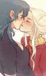  2girls blush breasts byleth_(fire_emblem) byleth_(fire_emblem)_(female) cleavage closed_eyes double_bun edelgard_von_hresvelg fire_emblem fire_emblem:_three_houses green_hair hair_bun highres imminent_kiss looking_at_another multiple_girls parted_lips simple_background unoobang upper_body yuri 