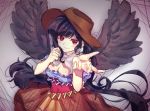  1girl asanagi_ron bandana bangs black_hair black_wings blue_shirt blush breasts brown_headwear brown_skirt cleavage commentary_request covered_navel cowboy_hat cowboy_shot eyebrows_visible_through_hair feathered_wings grey_background hands_up hat highres kurokoma_saki long_hair looking_at_viewer medium_breasts puffy_short_sleeves puffy_sleeves red_eyes shirt short_sleeves skirt smile solo touhou v-shaped_eyebrows very_long_hair wings 