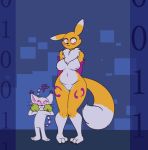  2017 ambiguous_gender animated anthro breasts canid canine digimon digimon_(species) duo felid feline female fur gatomon glowing glowing_eyes hypnosis iamaneagle_(artist) mammal mind_control nipples pigeon_toed pink_eyes pussy renamon size_difference smile spiral_eyes white_body white_fur wide_hips yellow_body yellow_fur 