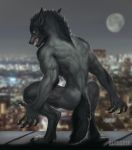  altagrin ambiguous_gender canid canine city claws crouching depth_of_field digitigrade full_moon glowing glowing_eyes hi_res looking_at_viewer mammal moon muscular muscular_ambiguous sharp_teeth solo teeth were werecanid werecanine werewolf whiskers yellow_eyes 