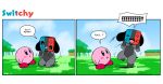  ambiguous_gender animate_inanimate canid cloud comic dialogue duo english_text grass humor joaoppereiraus kirby kirby_(series) mammal motion_lines nintendo nintendo_switch nude outside signature sky speech_bubble switch_dog text tree video_games xd 