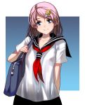 1girl arm_behind_back bag bangs blush border breasts duffel_bag eyebrows_visible_through_hair gradient gradient_background grin hair_ornament hairclip highres looking_at_viewer masao neckerchief nipples no_bra original outside_border over_shoulder parted_lips red_neckwear revision sailor_collar school_uniform see-through serafuku shirt short_hair short_sleeves small_breasts smile solo swept_bangs teeth upper_body wet wet_clothes white_border white_shirt 