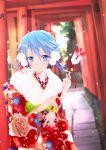  1girl aqua_eyes aqua_hair arrow bangs bell blurry blurry_background cherry_blossom_print commentary_request cowboy_shot floral_print fur-trimmed_kimono fur_trim furisode grass hair_between_eyes hair_ribbon hamaya holding_arrow japanese_clothes kimono light_particles long_sleeves looking_at_viewer new_year obi obijime parted_lips pom_pom_(clothes) red_kimono red_ribbon ribbon sash short_hair short_hair_with_long_locks sinon solo standing stone_walkway sword_art_online torii tree tsukimori_usako wide_sleeves 