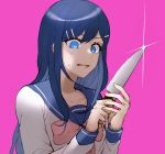 1girl blue_eyes blue_hair bow collarbone commentary_request danganronpa danganronpa_1 hair_between_eyes hair_ornament hairclip highres holding holding_knife knife long_hair long_sleeves maizono_sayaka open_mouth pink_background pink_bow school_uniform serafuku simple_background solo zabe_o 