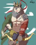  2018 abs anthro athletic bulge canid canine canis clothed clothing fur gloves grey_body grey_fur hand_on_bulge handwear hat headgear headwear hi_res holding_bow holding_object holding_weapon male mammal reclamon solo tattoo temujin tokyo_afterschool_summoners tongue tongue_out video_games weapon white_body white_fur wolf yellow_eyes 
