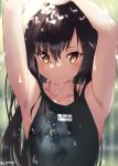  1girl armpits arms_up bangs bare_shoulders black_hair black_swimsuit blush brown_eyes closed_mouth collarbone commentary_request competition_swimsuit eyebrows_visible_through_hair flat_chest jonsun long_hair looking_at_viewer one-piece_swimsuit original smile solo swimsuit twitter_username upper_body very_long_hair water wet 