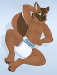  2019 anthro black_nose brown_body brown_fur canid canine canis diaper domestic_dog fangs fur german_shepherd green_eyes hand_behind_head herding_dog imply male mammal navel pastoral_dog sitting smile solo 