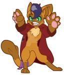  2017 alienkittykun alpha_channel anthro biped blue_hair brown_body brown_fur capper_(mlp) claws clothed clothing coat digital_media_(artwork) domestic_cat english_text featureless_crotch felid feline felis front_view fur green_eyes hair male mammal multicolored_body multicolored_fur my_little_pony my_little_pony_the_movie open_mouth pawpads paws red_clothing simple_background solo teeth text toony topwear transparent_background two_tone_body two_tone_fur watermark 