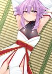  1girl arms_behind_head blush braid breasts detached_sleeves dura eyebrows_visible_through_hair hair_between_eyes highres japanese_clothes long_hair lying neptune_(neptune_series) neptune_(series) on_back purple_eyes purple_hair short_hair_with_long_locks small_breasts smile solo very_long_hair 