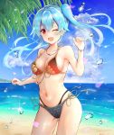  1girl :d alternate_costume beach bikini blue_bikini_bottom blue_hair blue_sky bracelet breasts cleavage cloud collarbone commentary_request day eyebrows_visible_through_hair fate/grand_order fate_(series) front-tie_bikini front-tie_top highres jewelry joker_oowo long_hair looking_at_viewer medium_breasts necklace ocean one_eye_closed open_mouth palm_tree red_bikini_top red_eyes side-tie_bikini side_ponytail sky smile solo splashing swimsuit tomoe_gozen_(fate/grand_order) tree water 