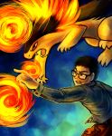  2012 absurd_res black_eyes black_hair digital_media_(artwork) duo eyewear feral fingers fire glasses hair haychel hi_res human male mammal nintendo open_mouth pok&eacute;mon pok&eacute;mon_(species) red_eyes short_hair typhlosion video_games 