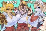  2020 alcohol amber_eyes anthro asian_clothing bedroom_eyes beverage big_breasts blonde_hair blue_eyes blush bottle breasts brown_body brown_fur canid canine canis cheek_tuft chest_tuft cleavage clothed clothing domestic_dog drunk east_asian_clothing facial_tuft female fur gohei grey_body grey_fur group hair hakama half-length_portrait haori hi_res holding_object huge_breasts inner_ear_fluff japanese_clothing japanese_text kemono long_hair looking_at_viewer mammal miko_outfit multicolored_body multicolored_fur narrowed_eyes neck_tuft open_mouth pawpads ponytail portrait red_hakama sake seductive shiba_inu short_hair simple_background smile spitz substance_intoxication tetto text tuft white_body white_fur white_haori 