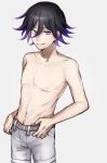  alternate_costume belt black_hair commentary_request danganronpa eyebrows_visible_through_hair grin hair_between_eyes highres looking_at_viewer new_danganronpa_v3 ouma_kokichi pants purple_eyes purple_hair simple_background smile topless white_background white_pants zabe_o 