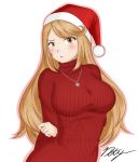  1girl blonde_hair blush breasts christmas draconety hat highres hikari_(xenoblade_2) jewelry large_breasts long_hair necklace santa_hat signature solo sweater turtleneck turtleneck_sweater very_long_hair watermark xenoblade_(series) xenoblade_2 xenoblade_chronicles_2 yellow_eyes 