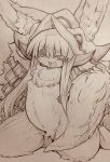  anthro belly blush blush_stickers breasts clothing crotch_tuft curemitsuba female fluffy fur hair hat headgear headwear hi_res kemono kneeling lagomorph long_hair made_in_abyss mammal monochrome mostly_nude nanachi narehate naturally_censored nipple_tuft open_mouth sketch small_breasts smile solo traditional_media_(artwork) tuft whiskers 