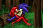  barefoot blizzardwolf duo echidna eulipotyphlan feet forest grass hedgehog hug knuckles_the_echidna log male male/male mammal monotreme romantic_couple sitting smile sonic_the_hedgehog sonic_the_hedgehog_(series) tree wood 