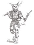  0laffson 2020 4_toes 5_fingers ambiguous_gender anthro barefoot caracal caracal_(genus) clothed clothing digitigrade ear_piercing ear_ring felid feline fingers holding_gun holding_object holding_weapon mammal open_mouth piercing teeth toes tongue traditional_media_(artwork) weapon 