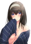  1girl bangs bare_shoulders black_hair blue_eyes blue_scarf blush breasts cleavage grey_hairband hairband idolmaster idolmaster_cinderella_girls jewelry kyuunosuke_(lactis09) large_breasts long_hair looking_at_viewer naked_scarf necklace parted_lips sagisawa_fumika scarf simple_background solo striped striped_scarf upper_body white_background 