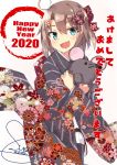  1girl 2020 :d ahoge bangs beritabo black_footwear black_kimono blue_eyes blush bow brown_bow brown_hair chinese_zodiac commentary_request dated eyebrows_visible_through_hair fang floral_print flower hair_between_eyes hair_bow hair_flower hair_ornament happy_new_year highres japanese_clothes kimono new_year object_hug open_mouth orange_flower original print_bow print_kimono signature smile socks solo standing standing_on_one_leg striped stuffed_animal stuffed_mouse stuffed_toy translation_request vertical-striped_kimono vertical_stripes white_background white_legwear year_of_the_rat zouri 