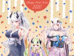  2020 3girls absurdres alencia_(epic7) alternate_costume alternate_hairstyle armpits arms_up aunt_and_niece bangs bare_shoulders black_horns blue_bow blue_kimono blue_nails blush bow bow_choker braid breasts cleavage collarbone commentary confetti cross_hair_ornament detached_sleeves dragon_girl dragon_horns earrings english_commentary epic7 eyebrows_visible_through_hair fang flat_chest floral_print flower fur-trimmed_kimono fur_trim gesture green_hair hair_between_eyes hair_bow hair_flower hair_ornament happy_new_year height_difference high_ponytail highres horns huge_filesize japanese_clothes jasterrr jewelry kimono large_breasts long_hair luna_(epic7) multiple_girls nail_polish necklace new_year obi off-shoulder_kimono one_eye_closed parted_lips patterned_background pink_kimono pointy_ears print_kimono purple_bow purple_eyes purple_nails red_eyes red_nails sash siblings sideboob sidelocks signature sisters skin_fang sleeveless sleeveless_kimono swept_bangs thick_eyebrows twin_braids twintails very_long_hair white_hair wide_sleeves yufine_(epic7) 