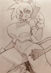  alicia_priss anthro big_breasts bottomwear breasts clothed clothing curemitsuba domestic_cat eye_patch eyewear felid feline felis female fur hair hi_res mammal midriff monochrome open_mouth pants shirt sketch smile solo tail_concerto topwear traditional_media_(artwork) video_games 