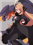  1girl absurdres black_jacket black_pants blonde_hair blue_eyes blush breasts cleavage commentary feet_out_of_frame fur_trim garchomp gen_4_pokemon grey_background hair_over_one_eye highres holding holding_poke_ball jacket long_hair long_sleeves medium_breasts nazonazo_(nazonazot) open_mouth pants poke_ball poke_ball_(generic) pokemon pokemon_(creature) sharp_teeth shirona_(pokemon) simple_background smile teeth yellow_eyes 