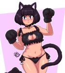  1girl animal_ears bangs bell bell_choker black_hair blunt_bangs blush bob_cut breasts cat_ears cat_lingerie cat_tail choker cleavage cleavage_cutout closed_mouth collarbone eyebrows highres large_breasts looking_at_viewer meme_attire navel original plump pouty_lips purple_eyes short_hair solo taggo tail 