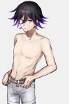  alternate_costume belt black_hair blood blood_on_face commentary_request danganronpa eyebrows_visible_through_hair frown hair_between_eyes looking_at_viewer new_danganronpa_v3 ouma_kokichi pants pink_blood purple_eyes purple_hair simple_background topless white_background white_pants zabe_o 