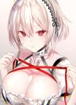  1girl anchor_choker azur_lane bangs blush breasts character_name choker cleavage collarbone eyelashes frilled_choker frills hair_between_eyes highres lace-trimmed_hairband large_breasts looking_at_viewer parted_lips pottsness puffy_short_sleeves puffy_sleeves red_eyes red_ribbon ribbon short_hair short_sleeves sirius_(azur_lane) solo white_hair 