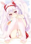  1girl absurdres analog_kenshi_(moto) animal_ears azur_lane bangs bare_arms bare_shoulders blush bunny_ears cameltoe closed_mouth commentary_request eyebrows_visible_through_hair hair_between_eyes hairband highres holding knees_up laffey_(azur_lane) long_hair looking_at_viewer panties pleated_skirt red_eyes red_hairband red_skirt remote_control_vibrator sitting skirt solo strap_slip sweat thighhighs twintails underwear very_long_hair vibrator vibrator_under_clothes vibrator_under_panties white_hair white_legwear white_panties 